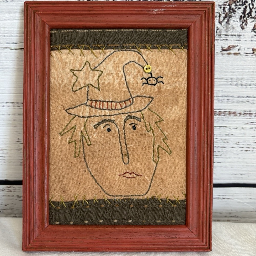 Hand Sewn Embroidery Witch Portrait Wall Spider Witchy Hat Primitive Folk Granny